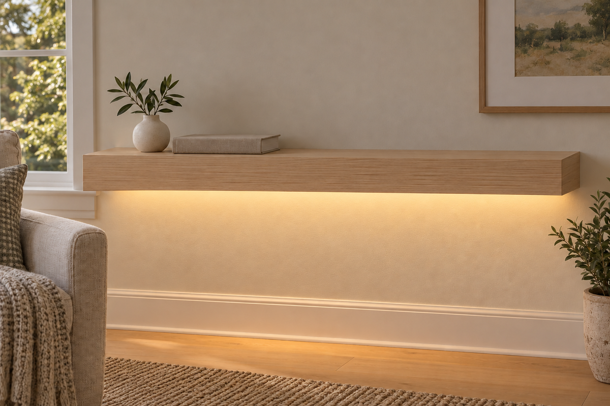 Gentry Stinson Rift White Oak Floating Shelf | 36″ long × 3″ thick | Standard Mount | Unfinished | LED Light Ready — Bottom Front LED location, rendering with separately supplied LED tape installed
