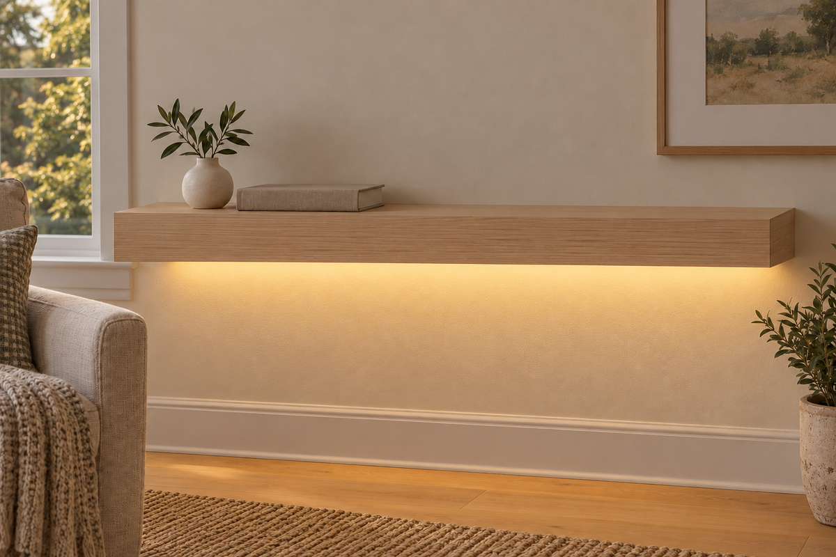 Gentry Stinson Rift White Oak Floating Shelf | 36″ long × 3″ thick | Standard Mount | Unfinished | LED Light Ready — Bottom Rear LED location, rendering with separately supplied LED tape installed