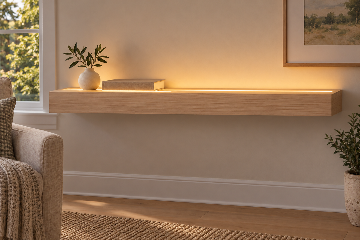 Gentry Stinson Rift White Oak Floating Shelf | 36″ × 10″ × 3″ | Standard Mount | Unfinished | LED Light Ready — Top Front LED location, rendering with separately supplied LED tape installed