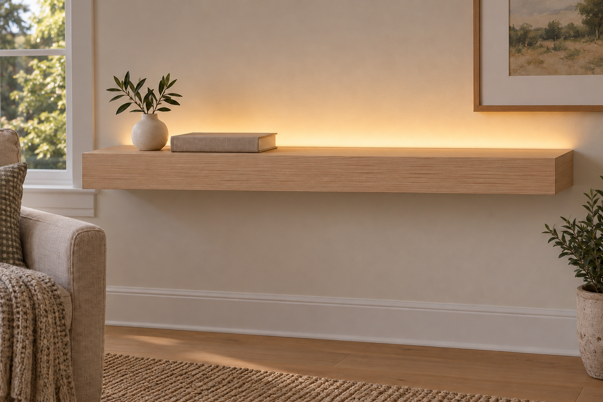 Gentry Stinson Rift White Oak Floating Shelf | 36″ long × 3″ thick | Standard Mount | Unfinished | LED Light Ready — Top Rear LED location, rendering with separately supplied LED tape installed