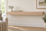 Gentry Stinson Rift White Oak Floating Shelf | 36″ × 10″ × 3″ | Standard Mount | Unfinished — unlit living-room rendering