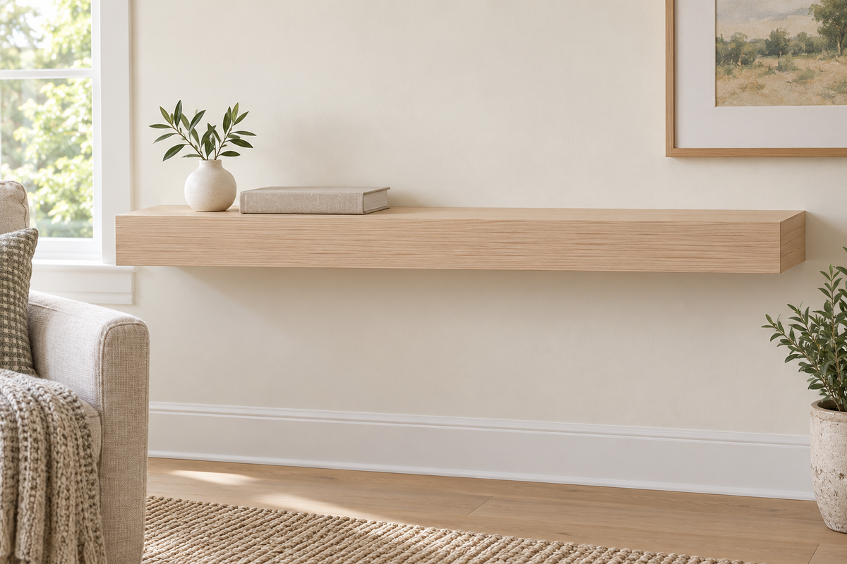 Gentry Stinson Rift White Oak Floating Shelf | 36″ × 10″ × 3″ | Standard Mount | Unfinished — unlit living-room rendering