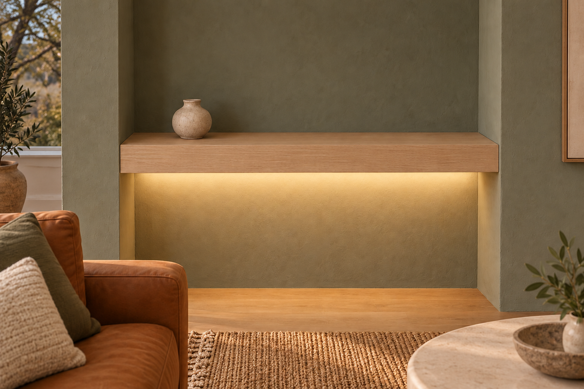 Gentry Stinson Rift White Oak Floating Shelf | 36″ long × 3″ thick | Wall to Wall | Unfinished | LED Light Ready — Bottom Rear LED location, rendering with separately supplied LED tape installed