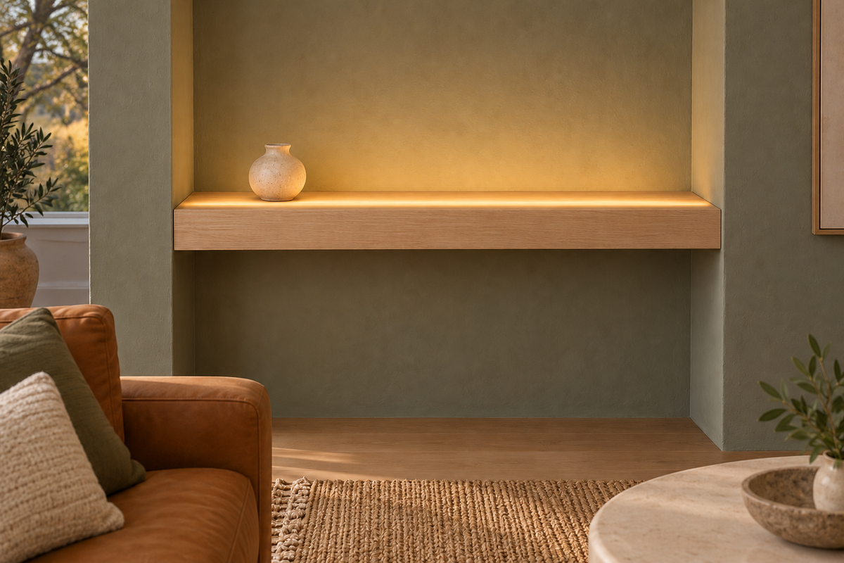 Gentry Stinson Rift White Oak Floating Shelf | 36″ long × 3″ thick | Wall to Wall | Unfinished | LED Light Ready — Top Front LED location, rendering with separately supplied LED tape installed