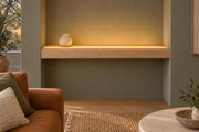 Gentry Stinson Rift White Oak Floating Shelf | 36″ long × 3″ thick | Wall to Wall | Unfinished | LED Light Ready — Top Front LED location, rendering with separately supplied LED tape installed