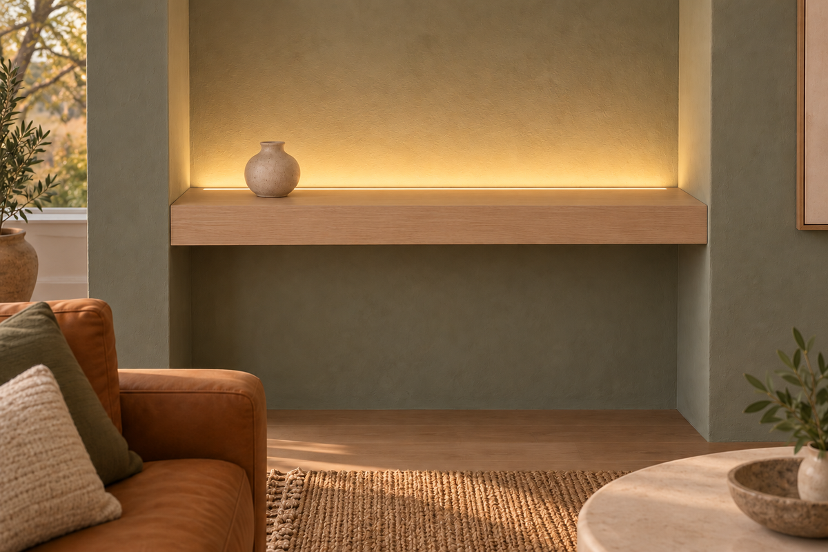 Gentry Stinson Rift White Oak Floating Shelf | 36″ long × 3″ thick | Wall to Wall | Unfinished | LED Light Ready — Top Rear LED location, rendering with separately supplied LED tape installed