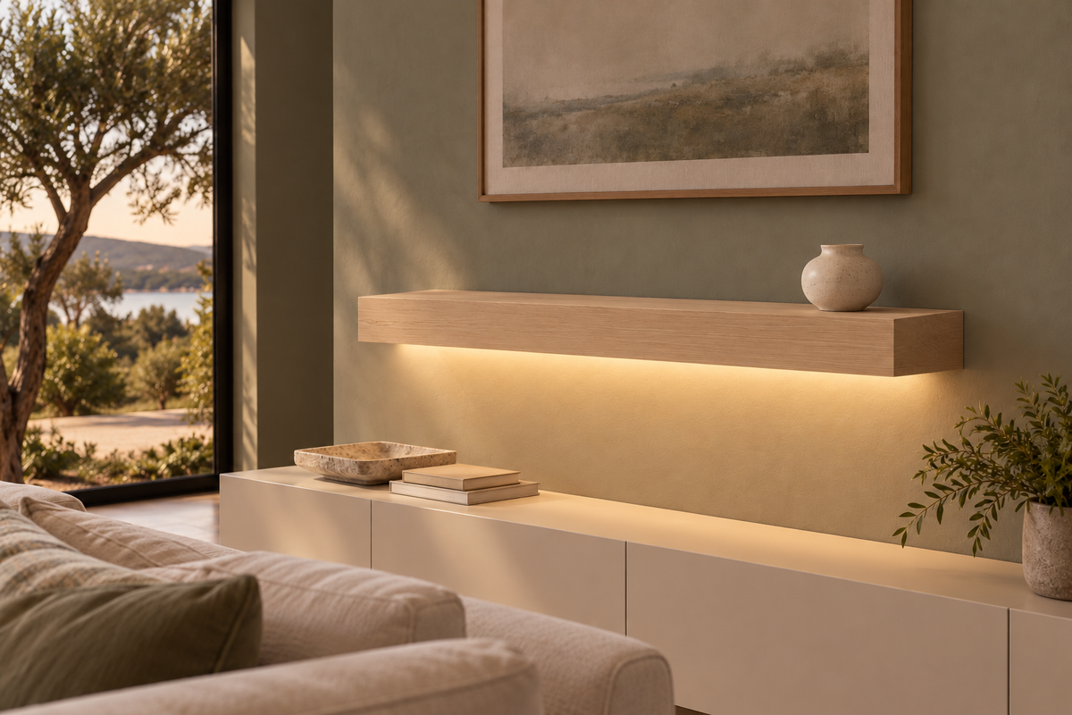 Gentry Stinson Rift White Oak Floating Shelf | 36″ long × 4″ thick | Standard Mount | Unfinished | LED Light Ready — Bottom Front LED location, rendering with separately supplied LED tape installed
