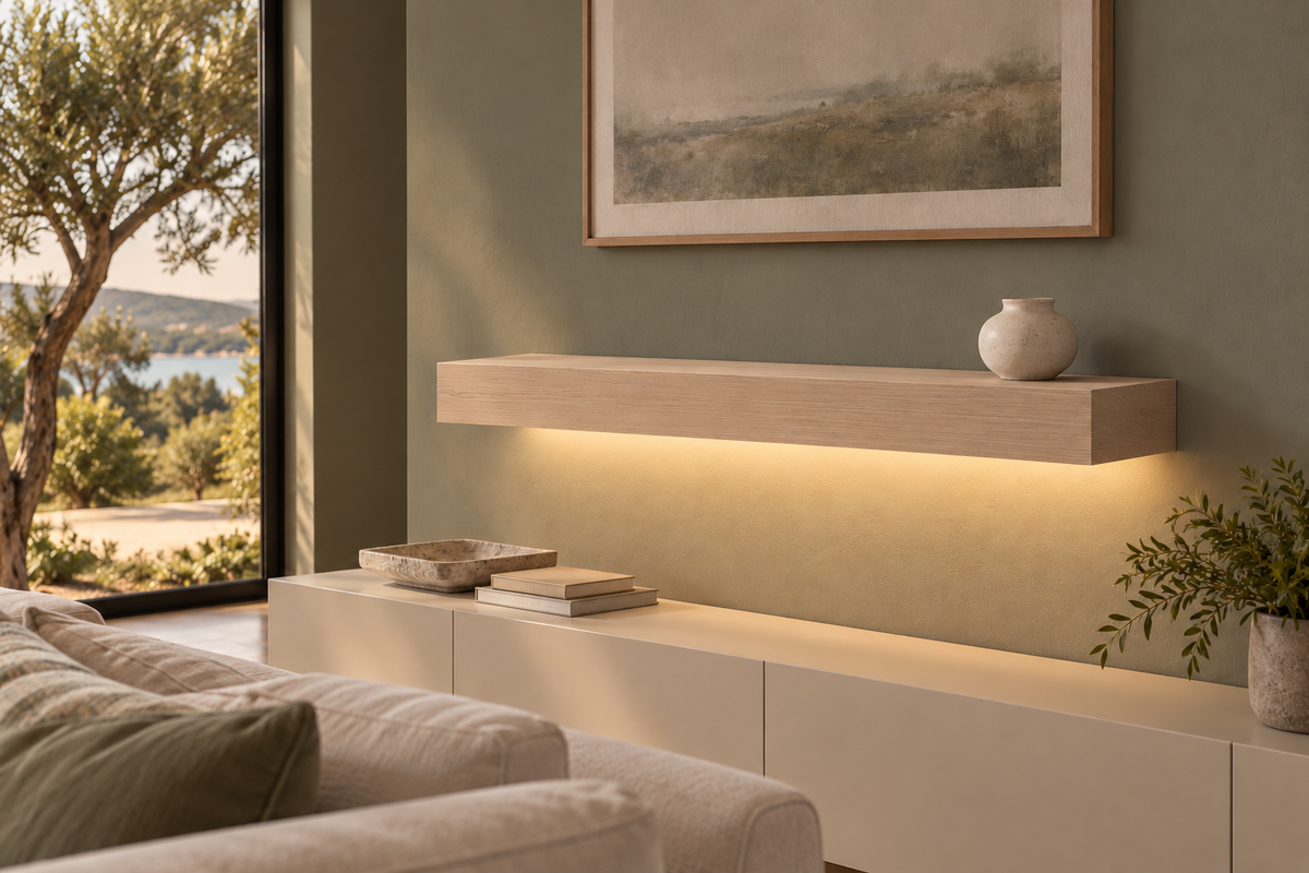 Gentry Stinson Rift White Oak Floating Shelf | 36″ long × 4″ thick | Standard Mount | Unfinished | LED Light Ready — Bottom Rear LED location, rendering with separately supplied LED tape installed