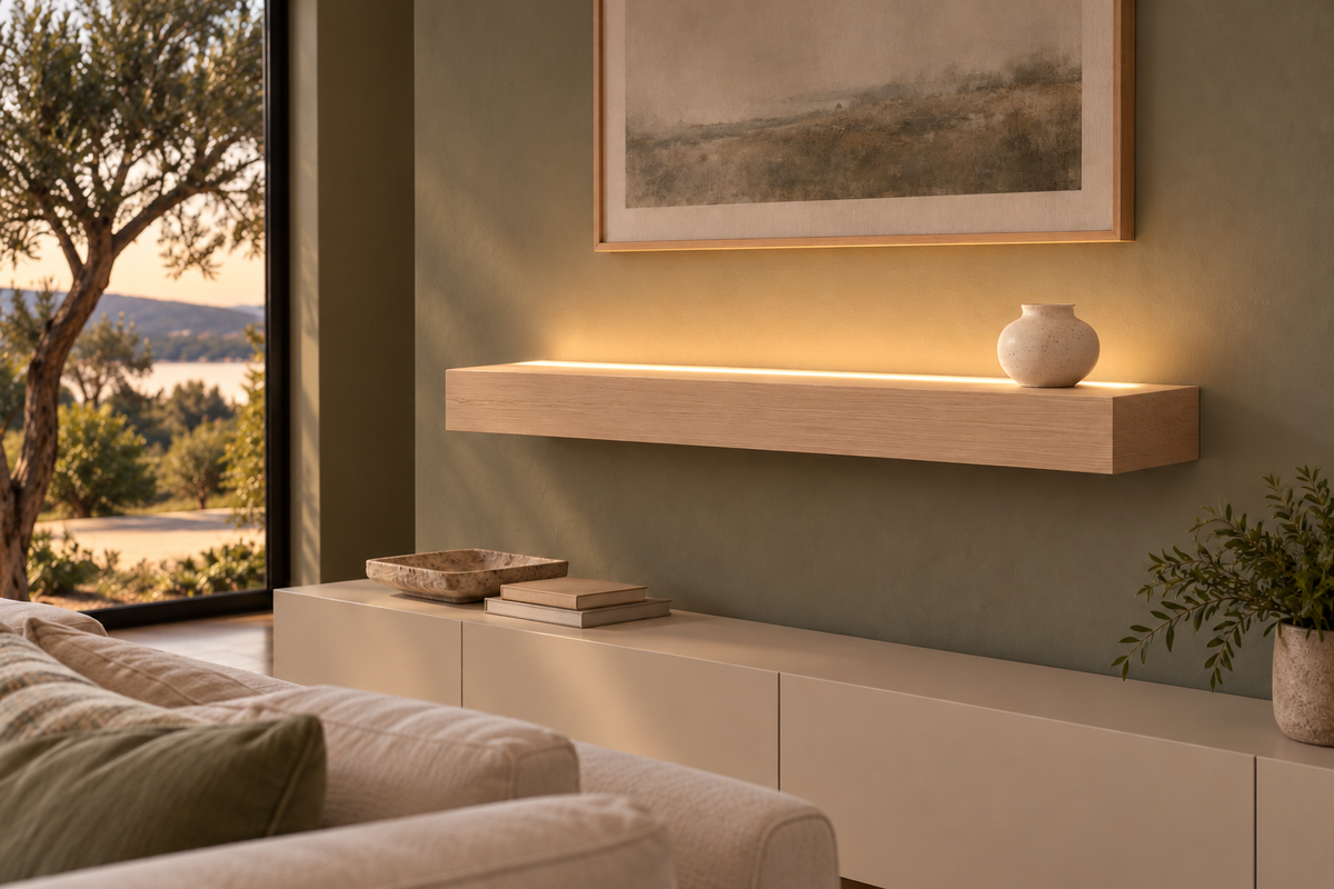 Gentry Stinson Rift White Oak Floating Shelf | 36″ × 10″ × 4″ | Standard Mount | Unfinished | LED Light Ready — Top Front LED location, rendering with separately supplied LED tape installed