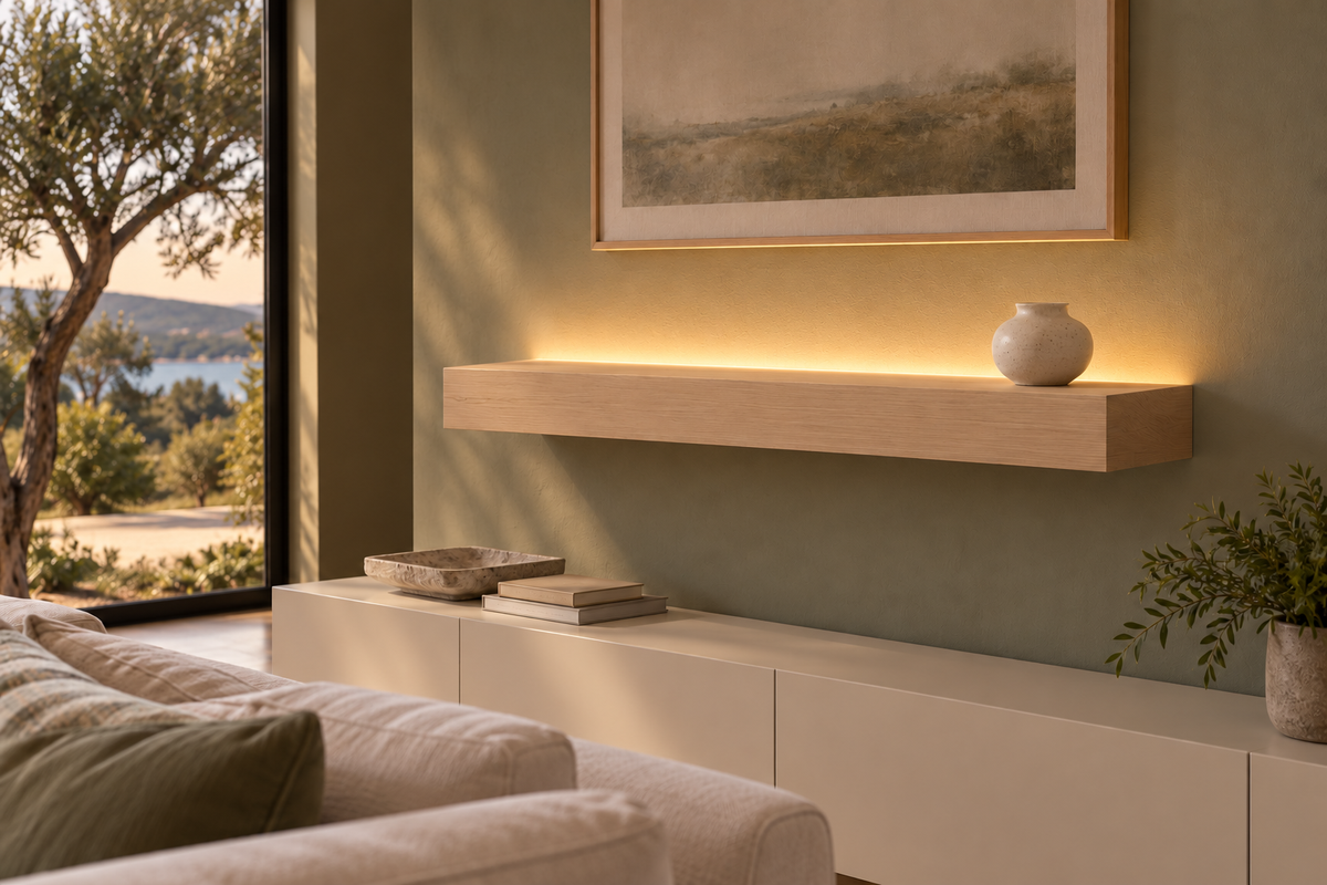 Gentry Stinson Rift White Oak Floating Shelf | 36″ long × 4″ thick | Standard Mount | Unfinished | LED Light Ready — Top Rear LED location, rendering with separately supplied LED tape installed