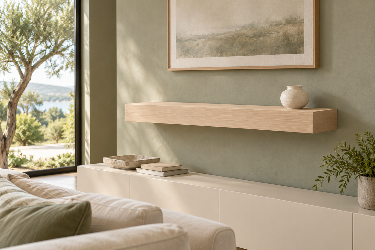 Gentry Stinson Rift White Oak Floating Shelf | 36″ × 10″ × 4″ | Standard Mount | Unfinished — unlit living-room rendering