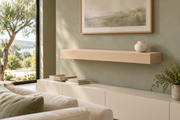 Gentry Stinson Rift White Oak Floating Shelf | 36″ × 10″ × 4″ | Standard Mount | Unfinished — unlit living-room rendering