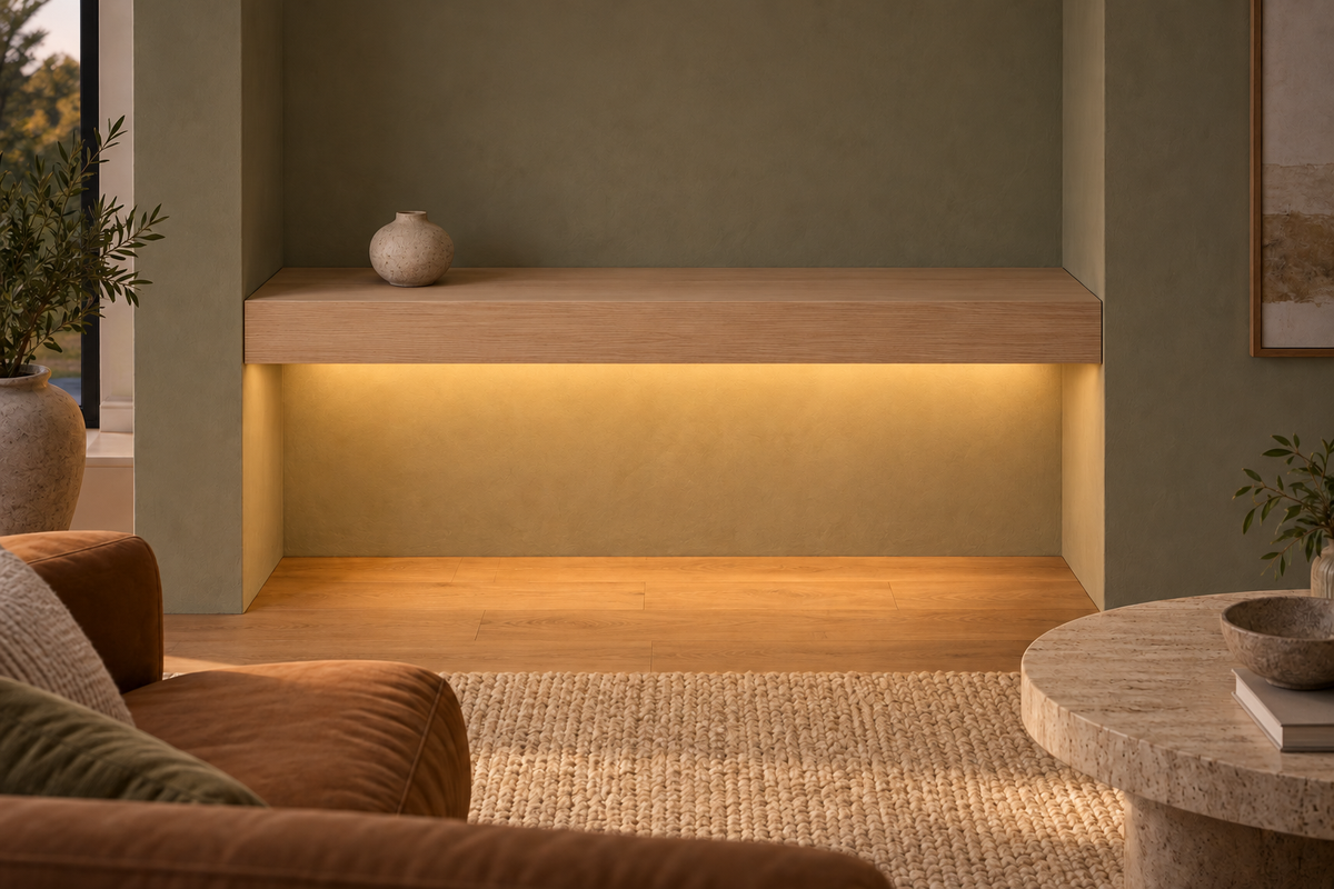 Gentry Stinson Rift White Oak Floating Shelf | 36″ long × 4″ thick | Wall to Wall | Unfinished | LED Light Ready — Bottom Front LED location, rendering with separately supplied LED tape installed