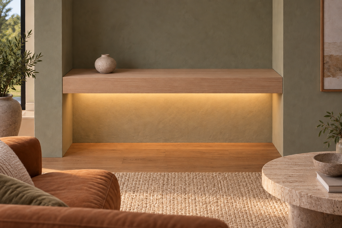 Gentry Stinson Rift White Oak Floating Shelf | 36″ long × 4″ thick | Wall to Wall | Unfinished | LED Light Ready — Bottom Rear LED location, rendering with separately supplied LED tape installed