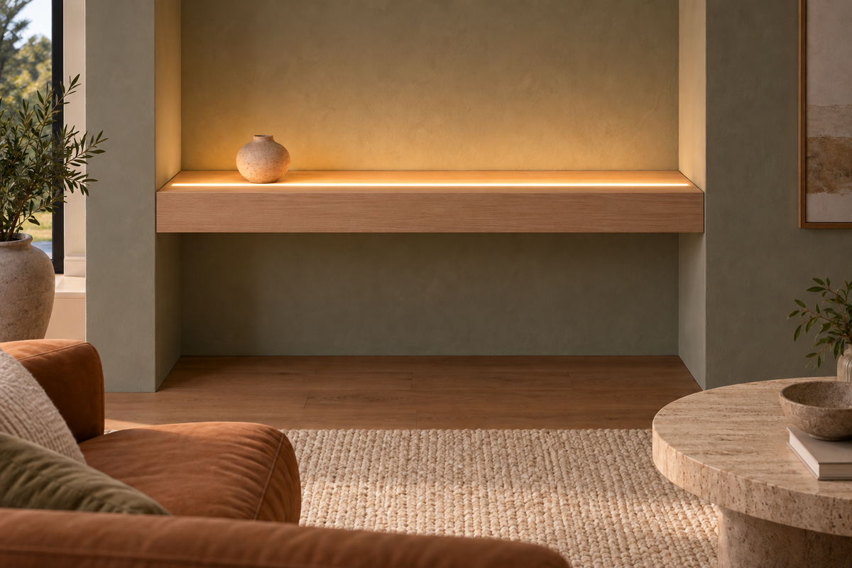 Gentry Stinson Rift White Oak Floating Shelf | 36″ long × 4″ thick | Wall to Wall | Unfinished | LED Light Ready — Top Front LED location, rendering with separately supplied LED tape installed