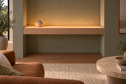 Gentry Stinson Rift White Oak Floating Shelf | 36″ long × 4″ thick | Wall to Wall | Unfinished | LED Light Ready — Top Front LED location, rendering with separately supplied LED tape installed