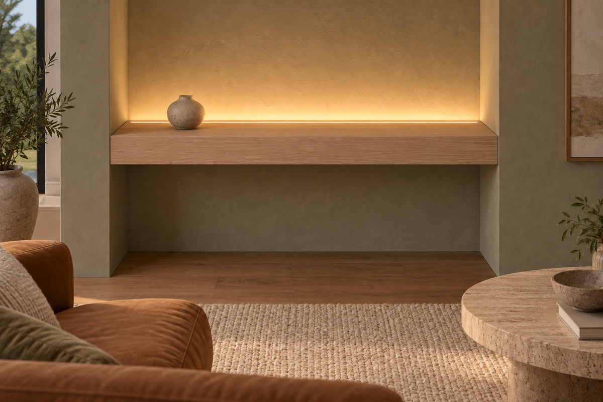 Gentry Stinson Rift White Oak Floating Shelf | 36″ long × 4″ thick | Wall to Wall | Unfinished | LED Light Ready — Top Rear LED location, rendering with separately supplied LED tape installed