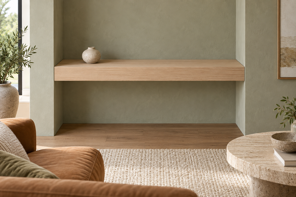 Gentry Stinson Rift White Oak Floating Shelf | 36″ × 10″ × 4″ | Wall to Wall | Unfinished — unlit living-room rendering