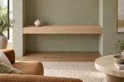 Gentry Stinson Rift White Oak Floating Shelf | 36″ × 10″ × 4″ | Wall to Wall | Unfinished — unlit living-room rendering