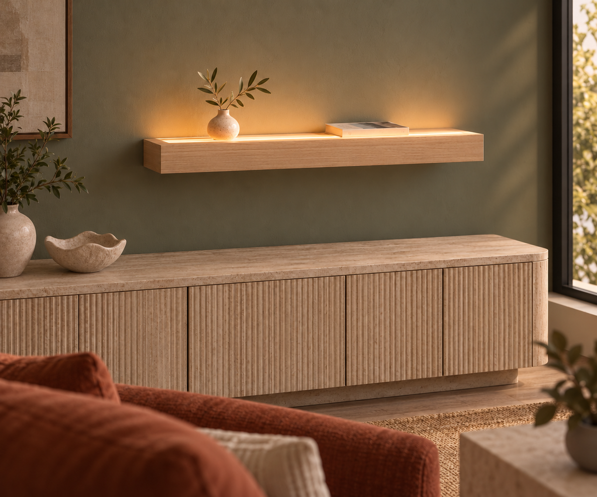 Gentry Stinson Rift White Oak Floating Shelf | 36″ × 8″ × 3″ | Standard Mount | Unfinished | LED Light Ready — Top Front LED location, rendering with separately supplied LED tape installed