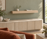 Gentry Stinson Rift White Oak Floating Shelf | 36″ × 8″ × 3″ | Standard Mount | Unfinished — unlit living-room rendering