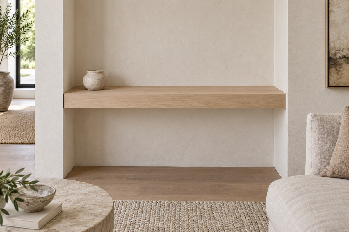 Gentry Stinson Rift White Oak Floating Shelf | 36″ × 8″ × 3″ | Wall to Wall | Unfinished — unlit living-room rendering