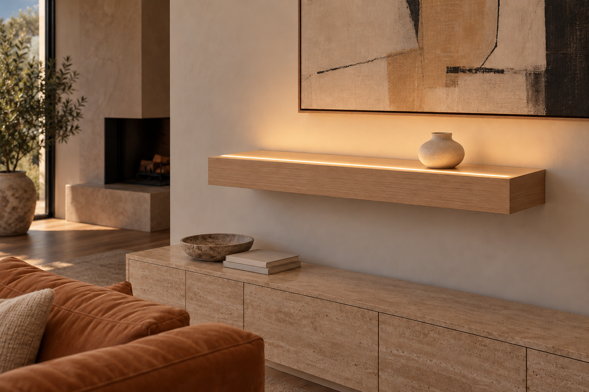 Gentry Stinson Rift White Oak Floating Shelf | 36″ × 8″ × 4″ | Standard Mount | Unfinished | LED Light Ready — Top Front LED location, rendering with separately supplied LED tape installed
