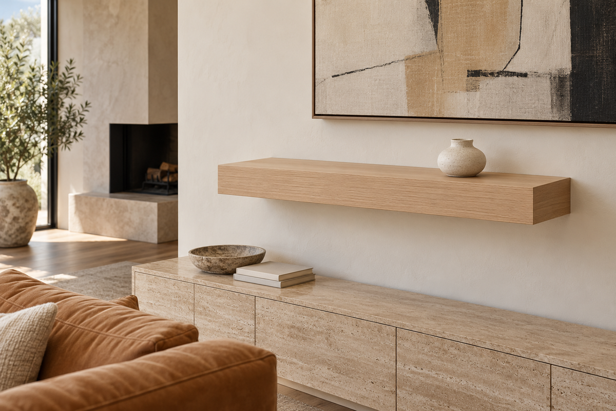 Gentry Stinson Rift White Oak Floating Shelf | 36″ × 8″ × 4″ | Standard Mount | Unfinished — unlit living-room rendering