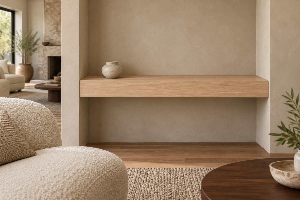 Gentry Stinson Rift White Oak Floating Shelf | 36″ × 8″ × 4″ | Wall to Wall | Unfinished — unlit living-room rendering