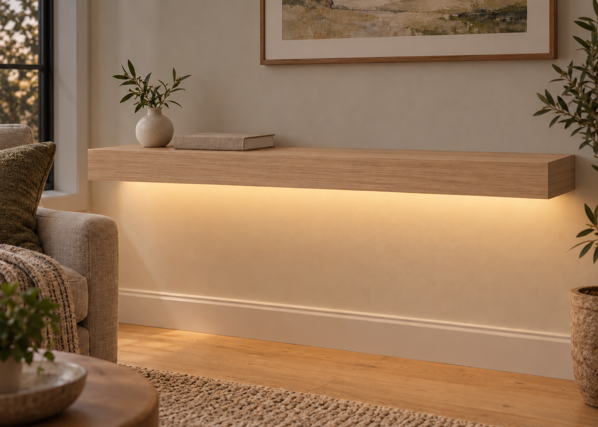 Gentry Stinson Rift White Oak Floating Shelf | 42″ long × 3″ thick | Standard Mount | Unfinished | LED Light Ready — Bottom Front LED location, rendering with separately supplied LED tape installed