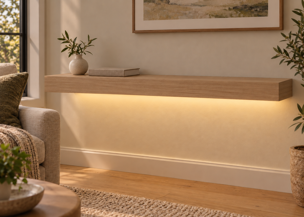 Gentry Stinson Rift White Oak Floating Shelf | 42″ long × 3″ thick | Standard Mount | Unfinished | LED Light Ready — Bottom Rear LED location, rendering with separately supplied LED tape installed