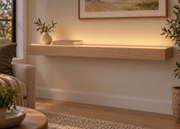 Gentry Stinson Rift White Oak Floating Shelf | 42″ long × 3″ thick | Standard Mount | Unfinished | LED Light Ready — Top Front LED location, rendering with separately supplied LED tape installed
