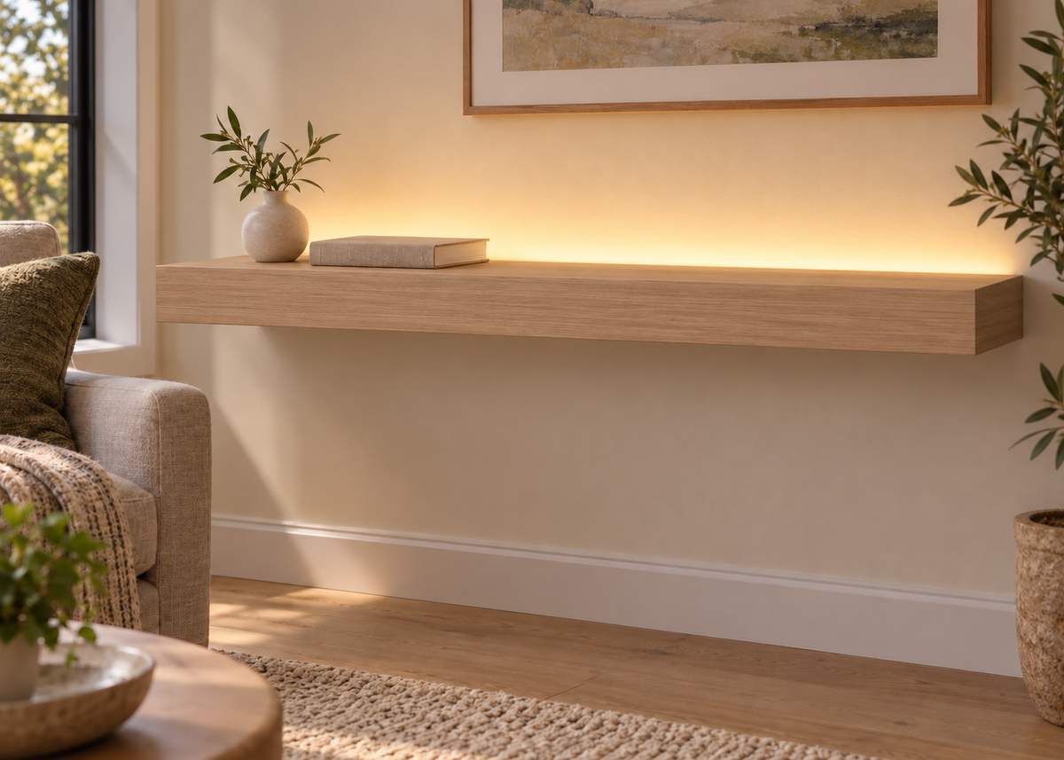 Gentry Stinson Rift White Oak Floating Shelf | 42″ long × 3″ thick | Standard Mount | Unfinished | LED Light Ready — Top Rear LED location, rendering with separately supplied LED tape installed
