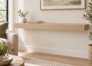 Gentry Stinson Rift White Oak Floating Shelf | 42″ × 10″ × 3″ | Standard Mount | Unfinished — unlit living-room rendering
