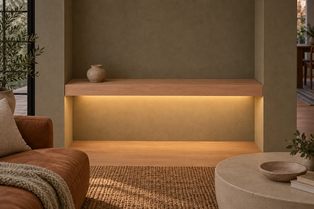 Gentry Stinson Rift White Oak Floating Shelf | 42″ long × 3″ thick | Wall to Wall | Unfinished | LED Light Ready — Bottom Front LED location, rendering with separately supplied LED tape installed