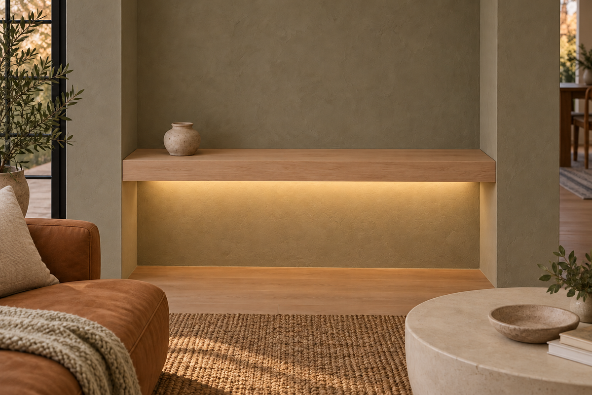 Gentry Stinson Rift White Oak Floating Shelf | 42″ long × 3″ thick | Wall to Wall | Unfinished | LED Light Ready — Bottom Rear LED location, rendering with separately supplied LED tape installed