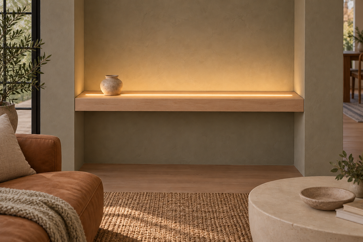 Gentry Stinson Rift White Oak Floating Shelf | 42″ long × 3″ thick | Wall to Wall | Unfinished | LED Light Ready — Top Front LED location, rendering with separately supplied LED tape installed