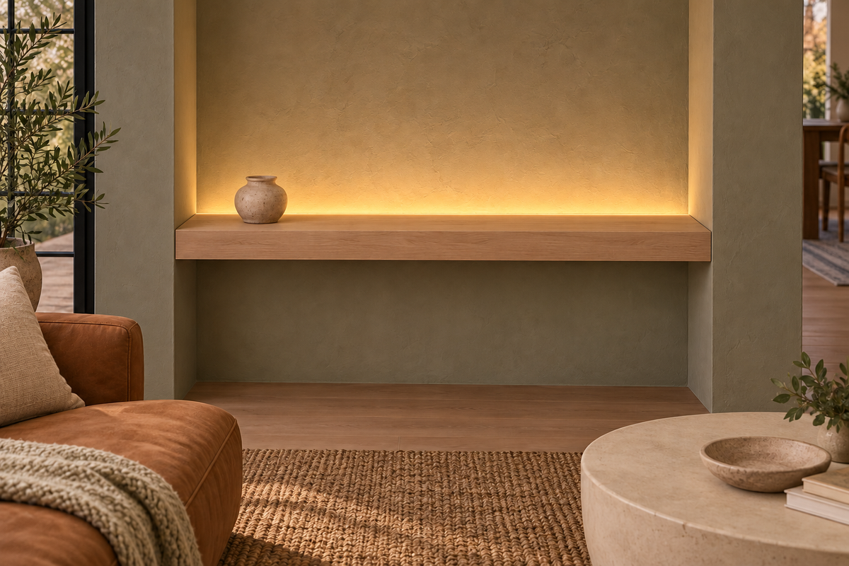 Gentry Stinson Rift White Oak Floating Shelf | 42″ long × 3″ thick | Wall to Wall | Unfinished | LED Light Ready — Top Rear LED location, rendering with separately supplied LED tape installed