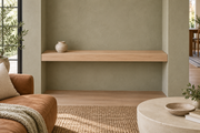 Gentry Stinson Rift White Oak Floating Shelf | 42″ × 10″ × 3″ | Wall to Wall | Unfinished — unlit living-room rendering