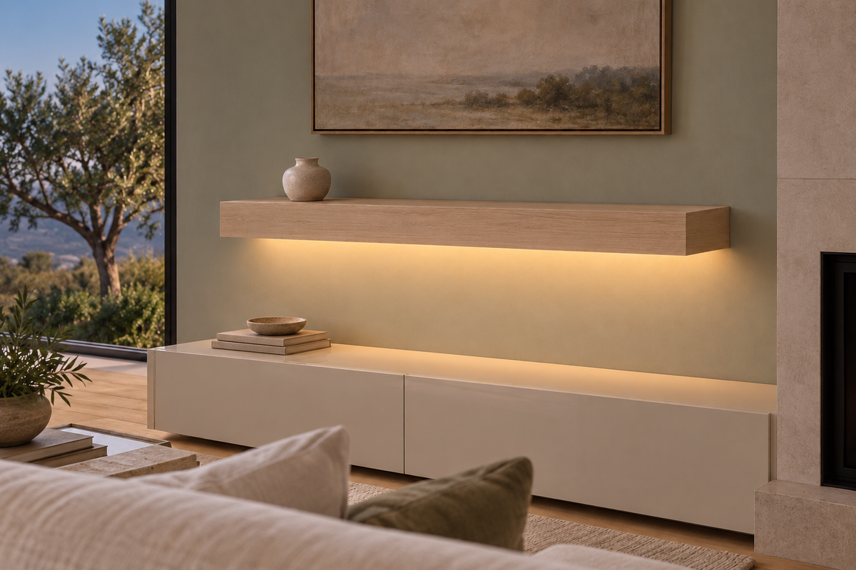 Gentry Stinson Rift White Oak Floating Shelf | 42″ long × 4″ thick | Standard Mount | Unfinished | LED Light Ready — Bottom Front LED location, rendering with separately supplied LED tape installed