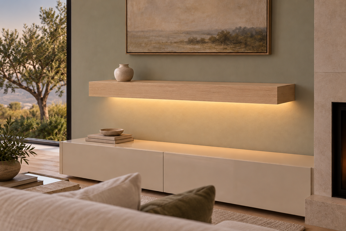 Gentry Stinson Rift White Oak Floating Shelf | 42″ long × 4″ thick | Standard Mount | Unfinished | LED Light Ready — Bottom Rear LED location, rendering with separately supplied LED tape installed