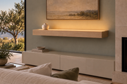 Gentry Stinson Rift White Oak Floating Shelf | 42″ long × 4″ thick | Standard Mount | Unfinished | LED Light Ready — Top Front LED location, rendering with separately supplied LED tape installed