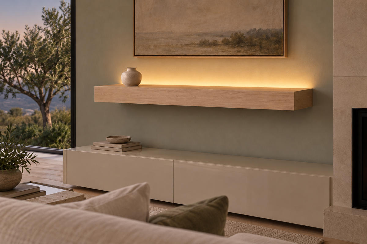Gentry Stinson Rift White Oak Floating Shelf | 42″ long × 4″ thick | Standard Mount | Unfinished | LED Light Ready — Top Rear LED location, rendering with separately supplied LED tape installed