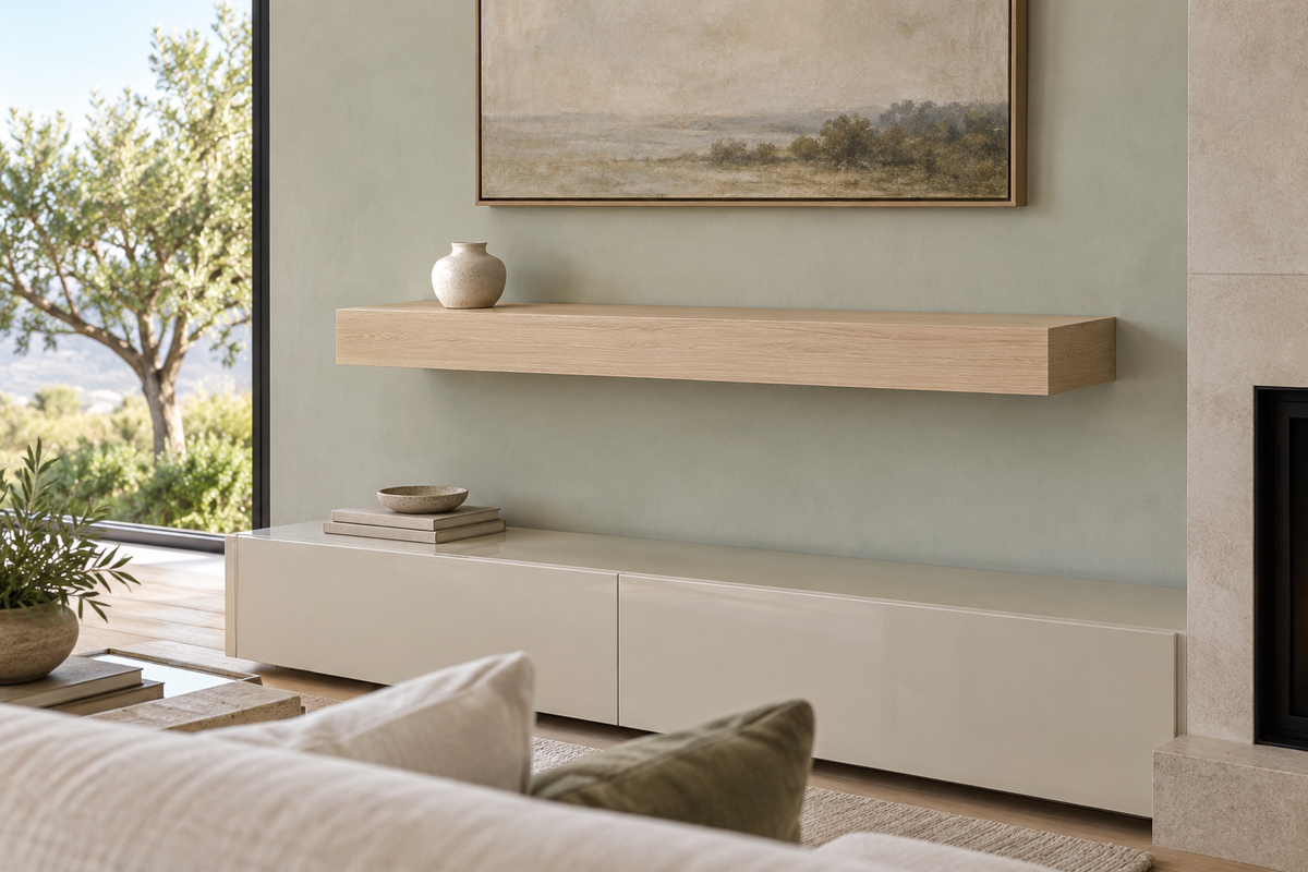 Gentry Stinson Rift White Oak Floating Shelf | 42″ × 10″ × 4″ | Standard Mount | Unfinished — unlit living-room rendering