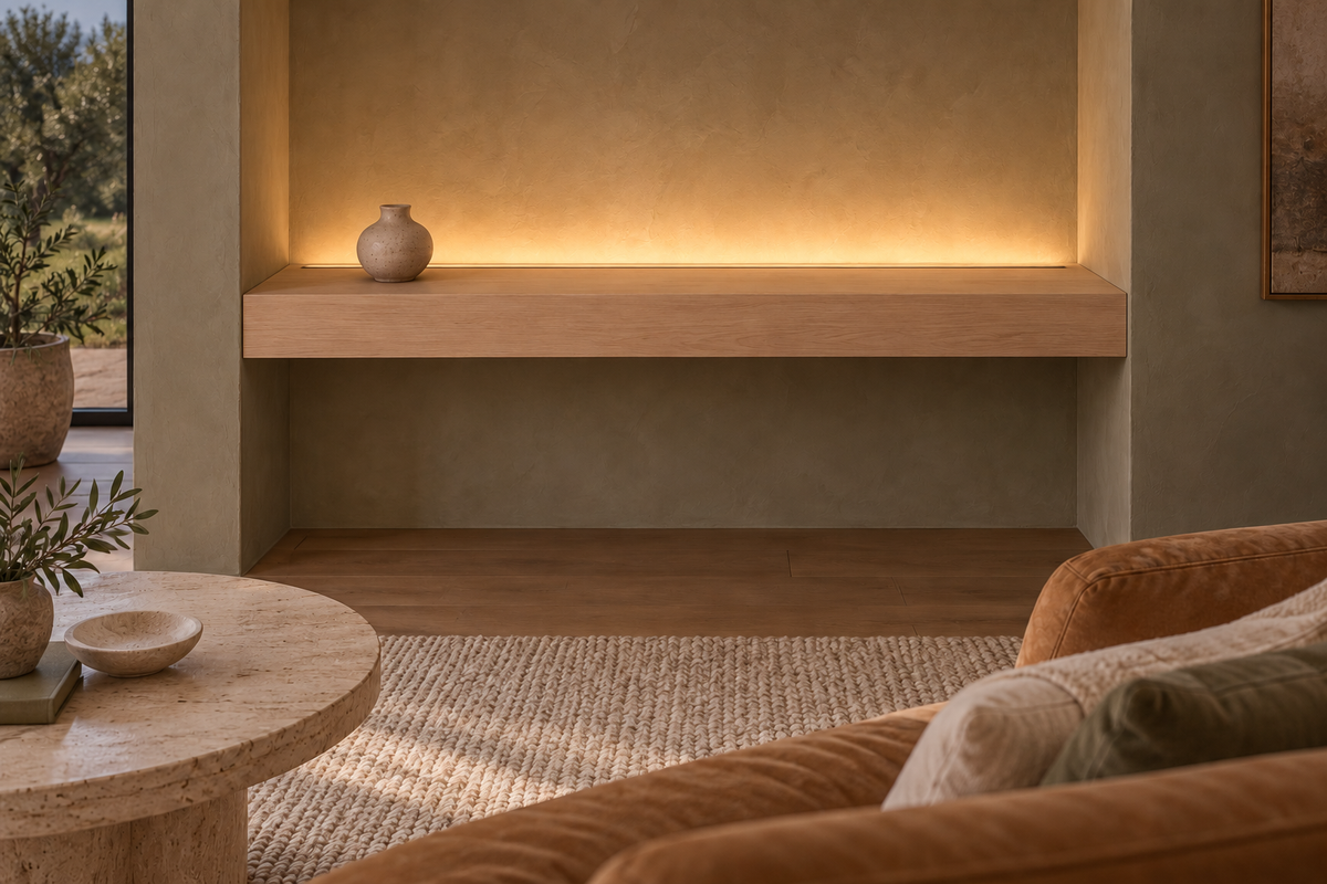 Gentry Stinson Rift White Oak Floating Shelf | 42″ long × 4″ thick | Wall to Wall | Unfinished | LED Light Ready — Top Rear LED location, rendering with separately supplied LED tape installed