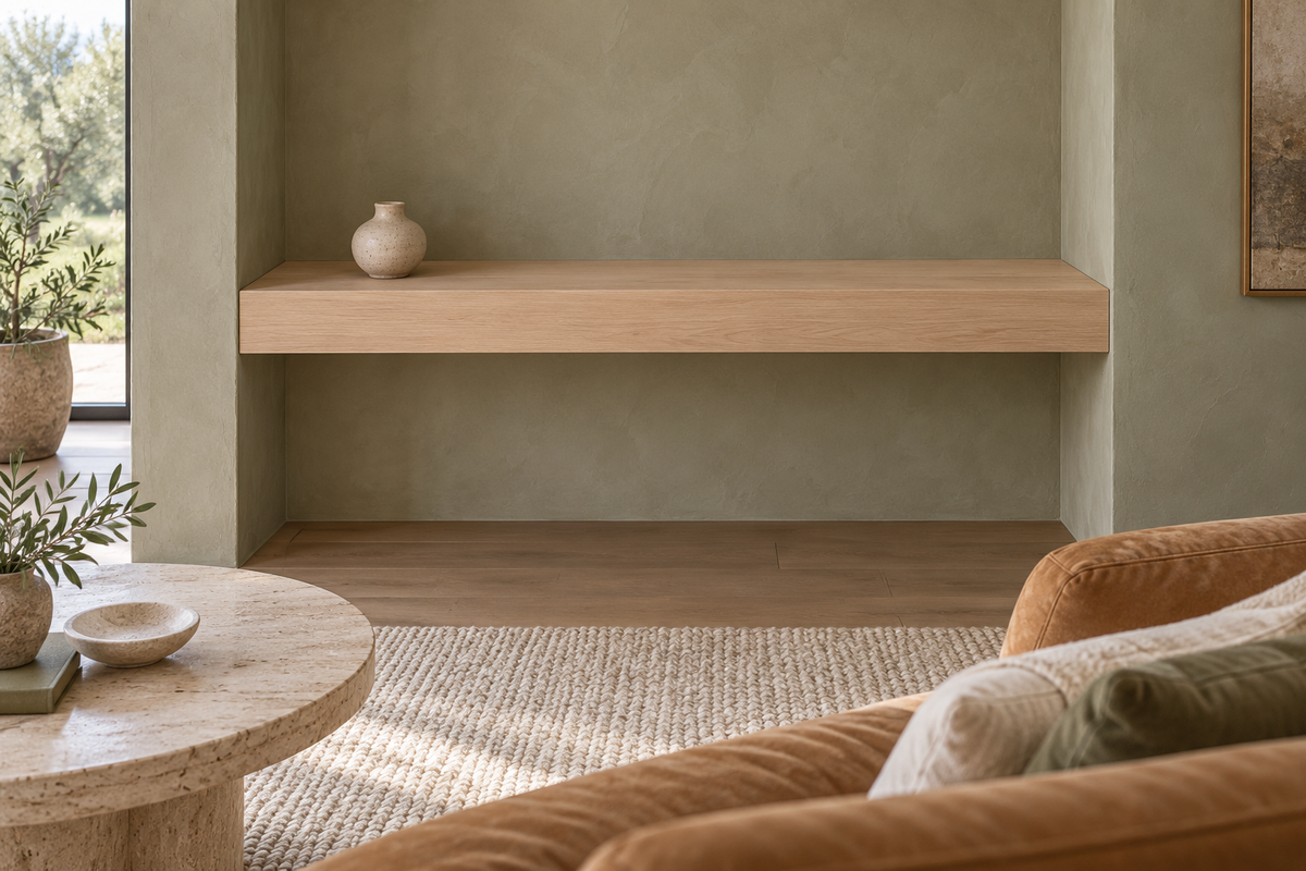 Gentry Stinson Rift White Oak Floating Shelf | 42″ × 10″ × 4″ | Wall to Wall | Unfinished — unlit living-room rendering