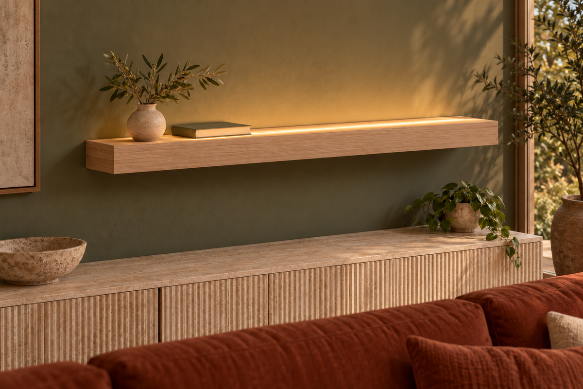 Gentry Stinson Rift White Oak Floating Shelf | 42″ × 8″ × 3″ | Standard Mount | Unfinished | LED Light Ready — Top Front LED location, rendering with separately supplied LED tape installed