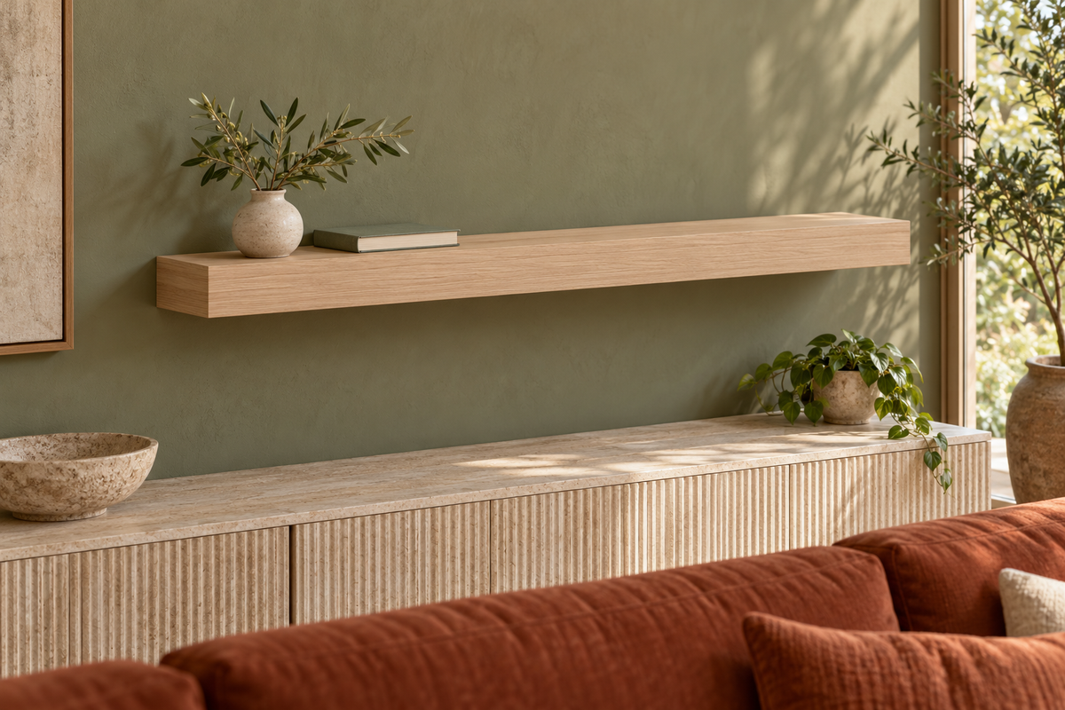 Gentry Stinson Rift White Oak Floating Shelf | 42″ × 8″ × 3″ | Standard Mount | Unfinished — unlit living-room rendering