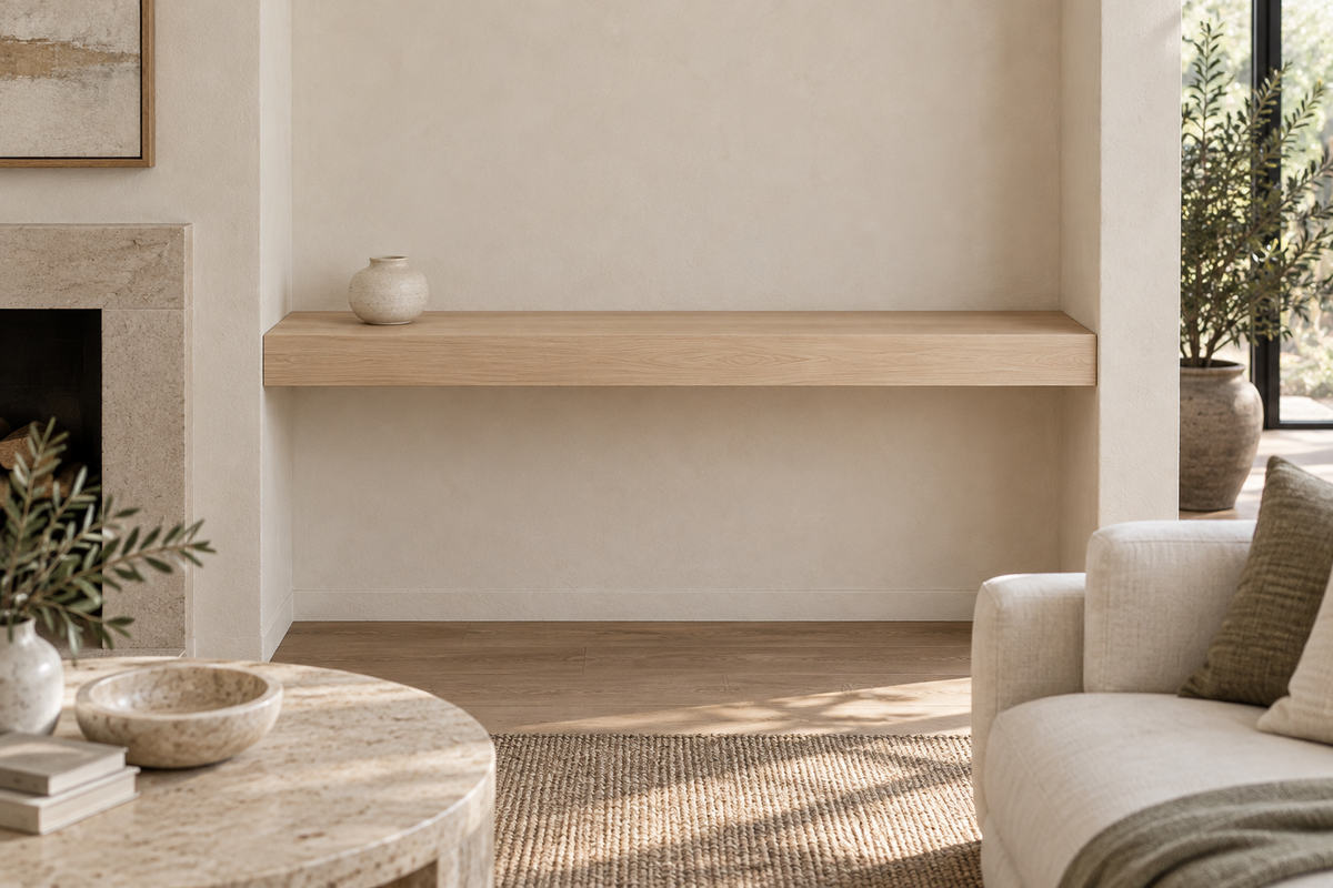 Gentry Stinson Rift White Oak Floating Shelf | 42″ × 8″ × 3″ | Wall to Wall | Unfinished — unlit living-room rendering
