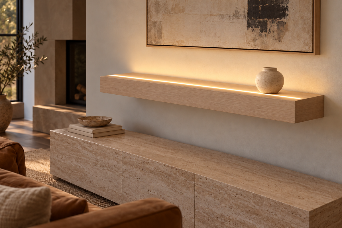 Gentry Stinson Rift White Oak Floating Shelf | 42″ × 8″ × 4″ | Standard Mount | Unfinished | LED Light Ready — Top Front LED location, rendering with separately supplied LED tape installed